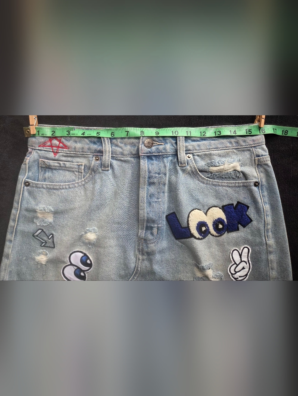 Hidden Jeans Light Wash Distressed Denim Mini Skirt with Fun Patches - Picture 4 of 11